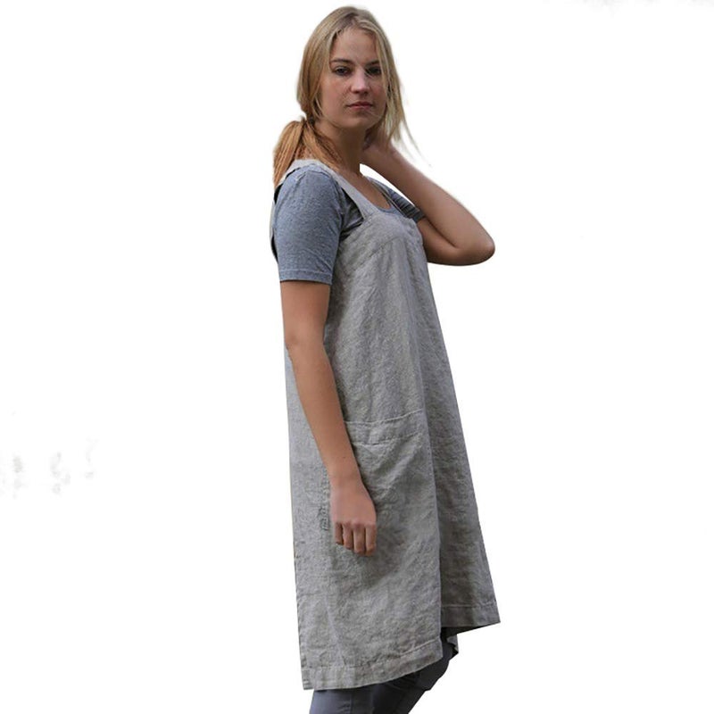 Larmliss Womenâ€™s Pinafore Square Apron Baking Cooking Gardening Works Cross Back Cotton/Linen Blend Dress with 2 Pockets Gray - Image 4